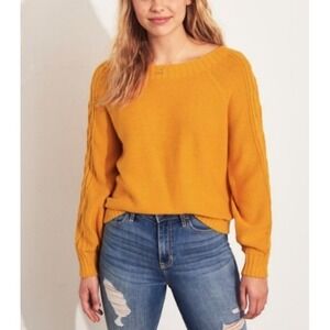 Hollister Women's Cable Knit Sweater Mustard Yellow Crewneck Size S Casual Cozy